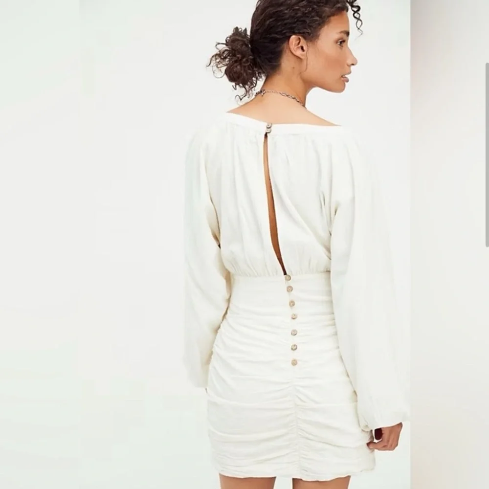 Free People Mini Dress XS Cream Gauzy‎ Boho Peasant Ruched Buttons Neutral NWT